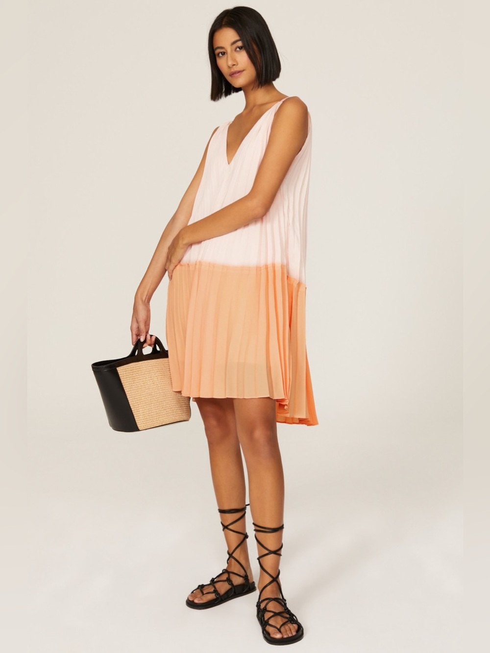 Sleeveless V-Neck Two-Tone Mini Dress in Cream and Peach